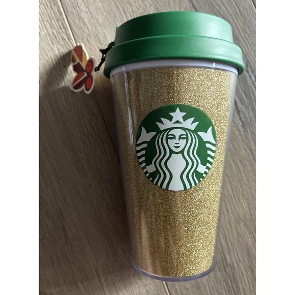 2010 Starbucks Holiday Tumbler GOLD‎ GLITTER 16 ounce Cold Cup Green Lid NEW - Picture 2 of 7